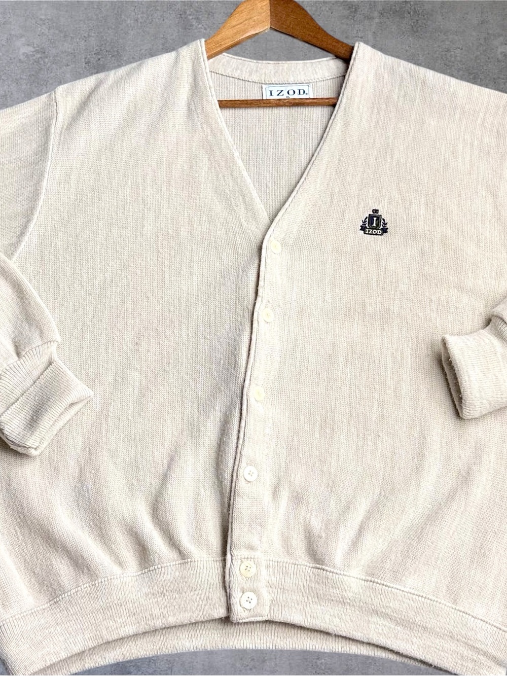 Vintage IZOD Cardigan Sweater Mens XL Beige Made in USA Acrylic Knit Preppy Logo